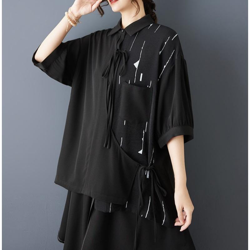 DIMANAF 2026 New Summer Autumn Plus Size Women Blouse Shirt Fashion Lady Tops Tees Loose Oversized Casual Button Print Black Shirt