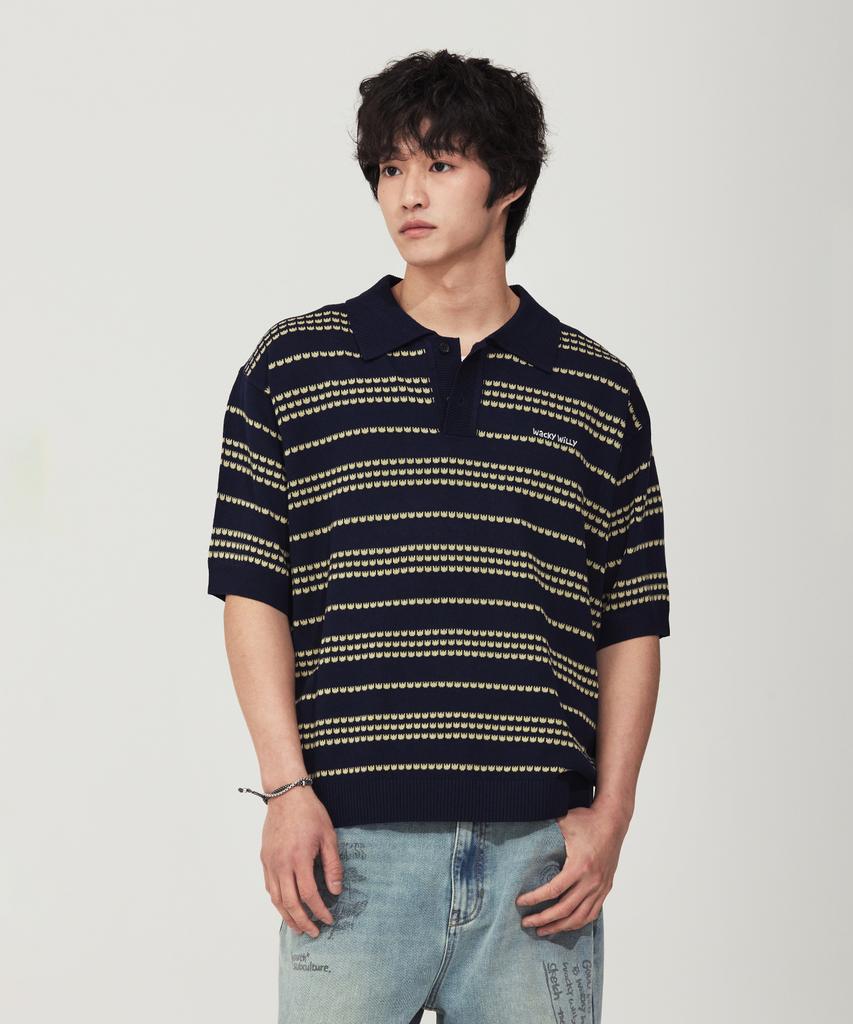 WACKY WILLY Basic Logo Striped Collar Sweater Navy