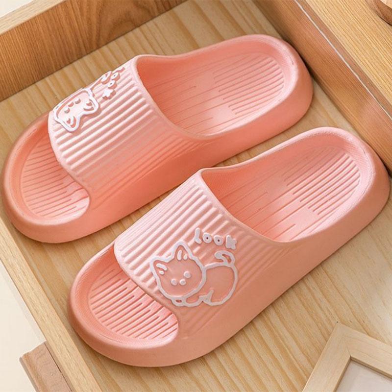 WTEMPO Lovely Couple Slippers Summer Thick Sole Makaron Color Cartoon Animal Stripe Flat Heel Soft Sole Indoor and Outdoor Bathroom Anti-slip Slippers