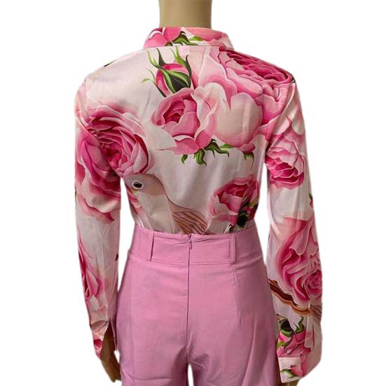 Elegantes Büro-Damenhemd Stehkragen Einreihig Blumendruck Langarm Knöpfe Bluse für Frühling/Sommer