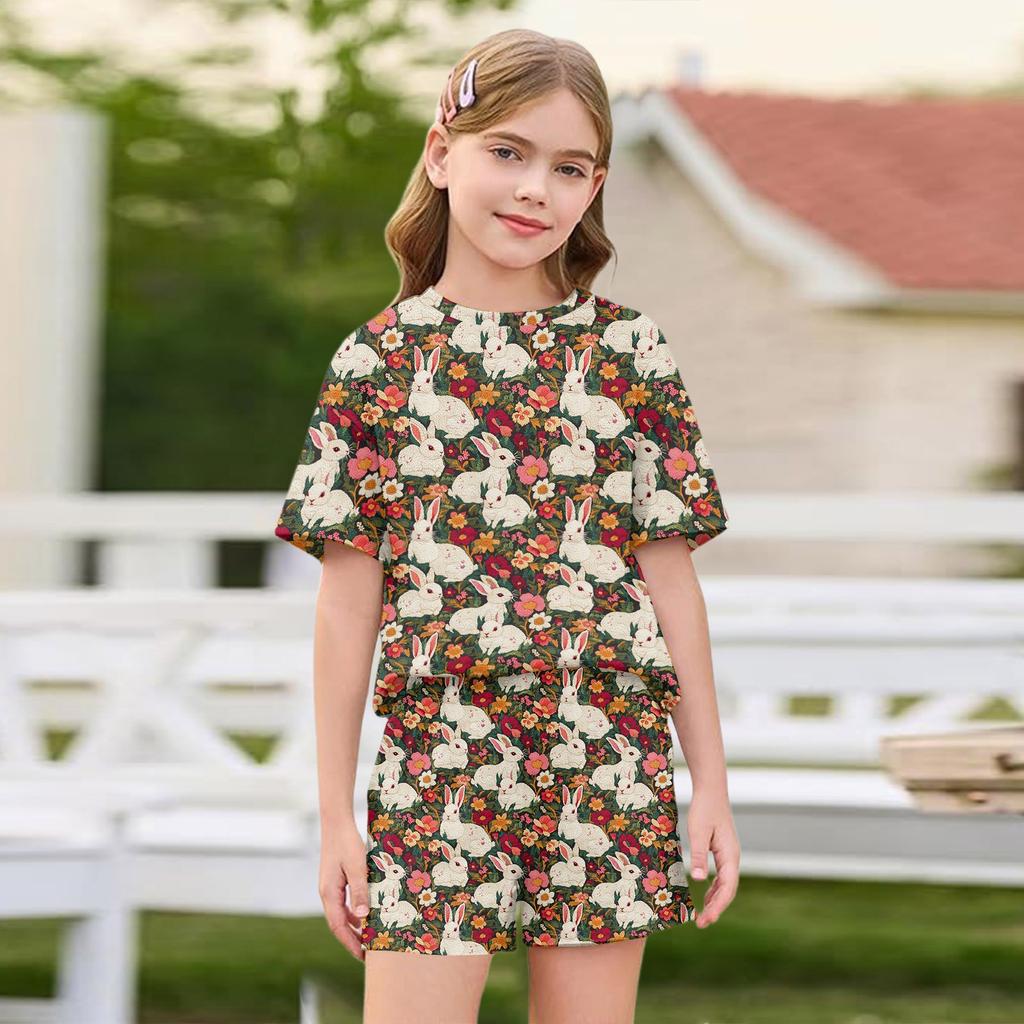 Kid Patriotic Outfit - Short Sleeve & Shorts 2-Piece Set For Girl Easter Day