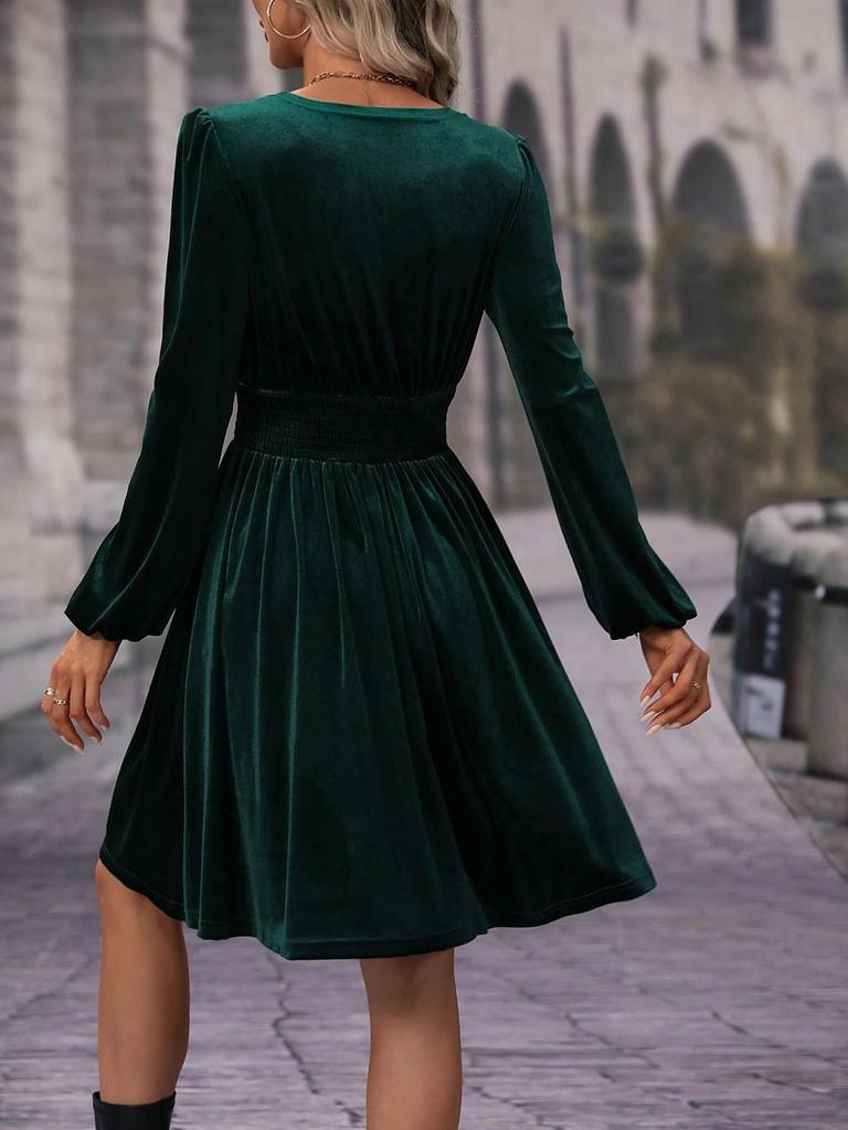  New Autumn/Winter Velvet V-Neck Long-Sleeve Dress – European & American Style