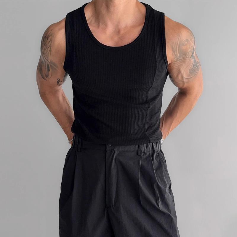 Herren Rippstrick Tanktop Slim Fit Ärmellos Muskelshirt Lässig Einfarbig Rundhalsausschnitt Weste