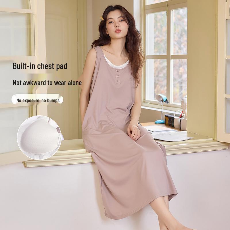 Women's Ice Silk Camisole Nightgown with Chest Pads - Cool, Simple Style Tank Top Home Dress