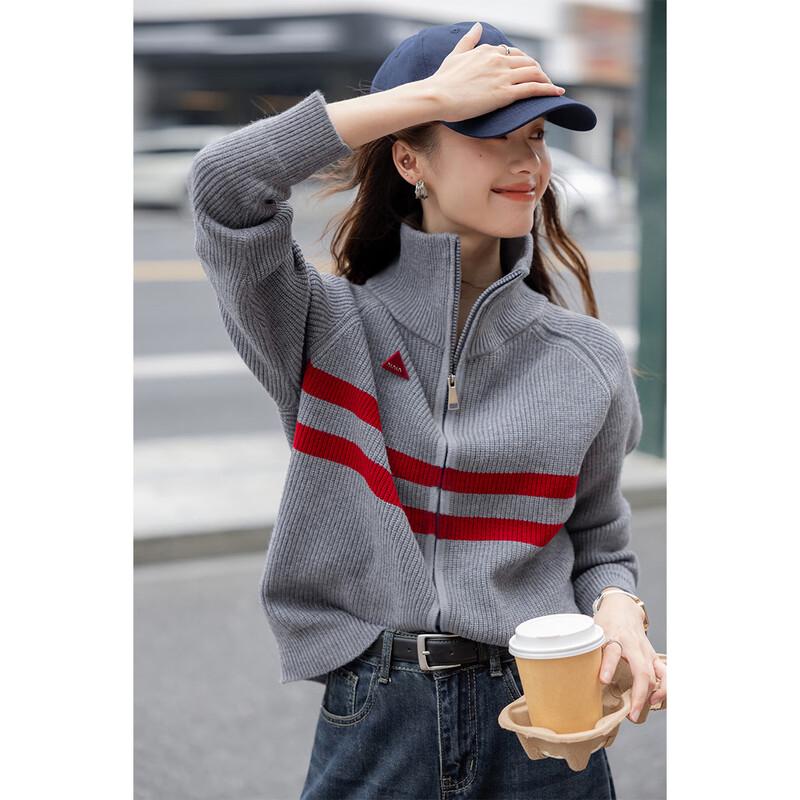 ITISF4 Women's Loose Striped Double-Zip Knit Sweater