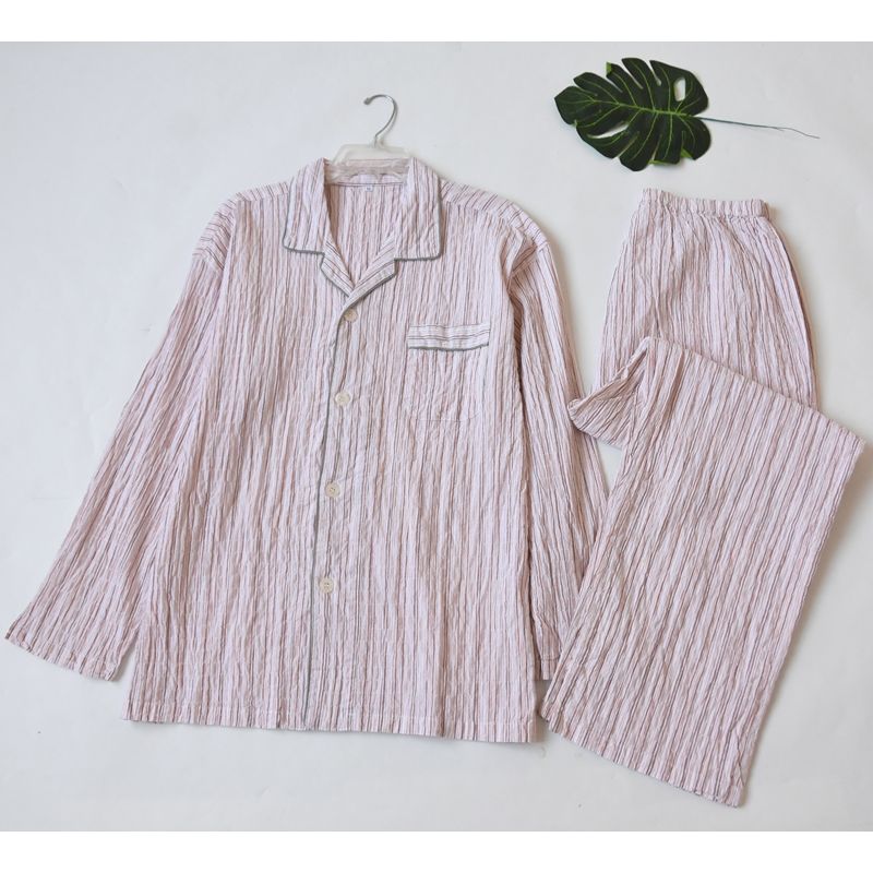 Orders Exported to Japan Men's Cotton Stripe Long sleeve Trousers Pajamas Set Spring, Summer and Autumn Thin Breathable Skin-friendly Homewear