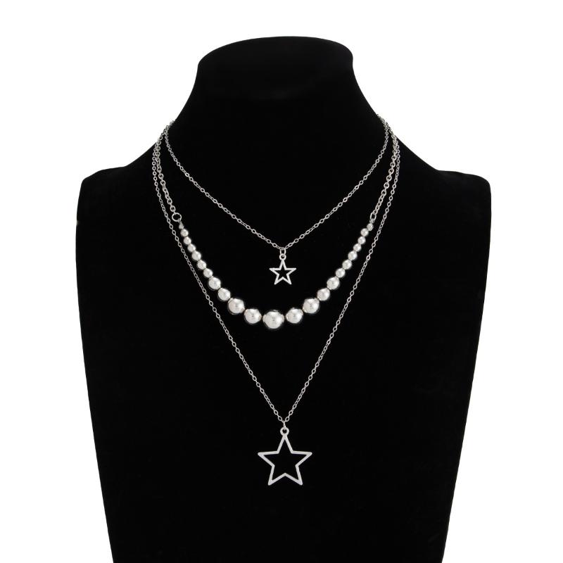 Fashion Metal Star Pendant Necklace For Women Punk Hip Hop Silver Color Multi Layered Pentagram Tassel Necklace Y2K Jewelry Gift