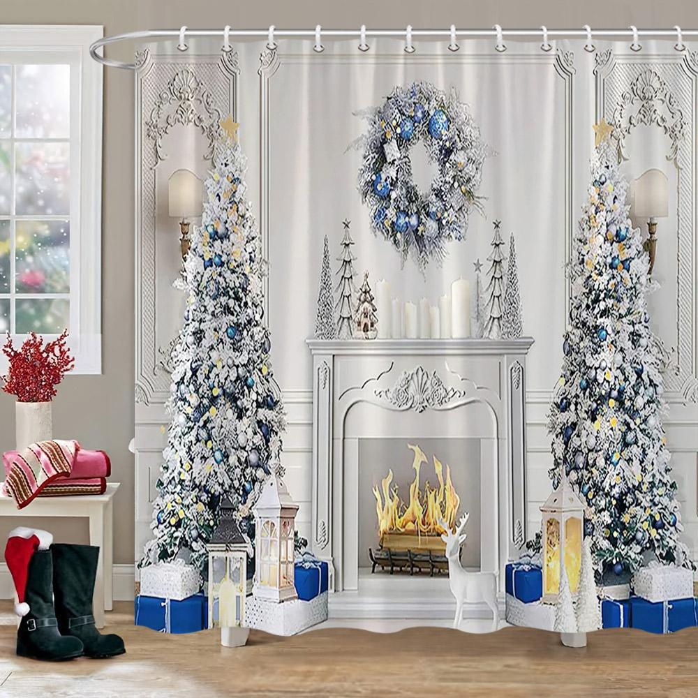Weihnachten Hintergrund Duschvorhang Feiertagsgeschenke Kamin Weihnachtsbaum Girlande Stoff Badvorhänge Badezimmerdeko mit Haken