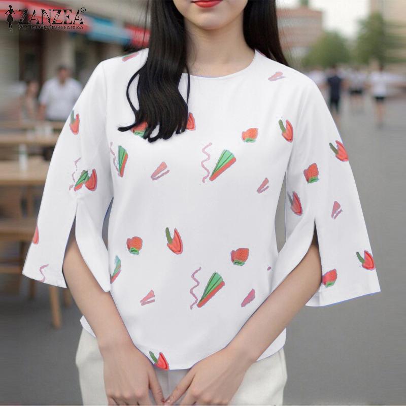 ZANZEA Women Casual O-neck 3/4 Sleeve Loose Print Blouse