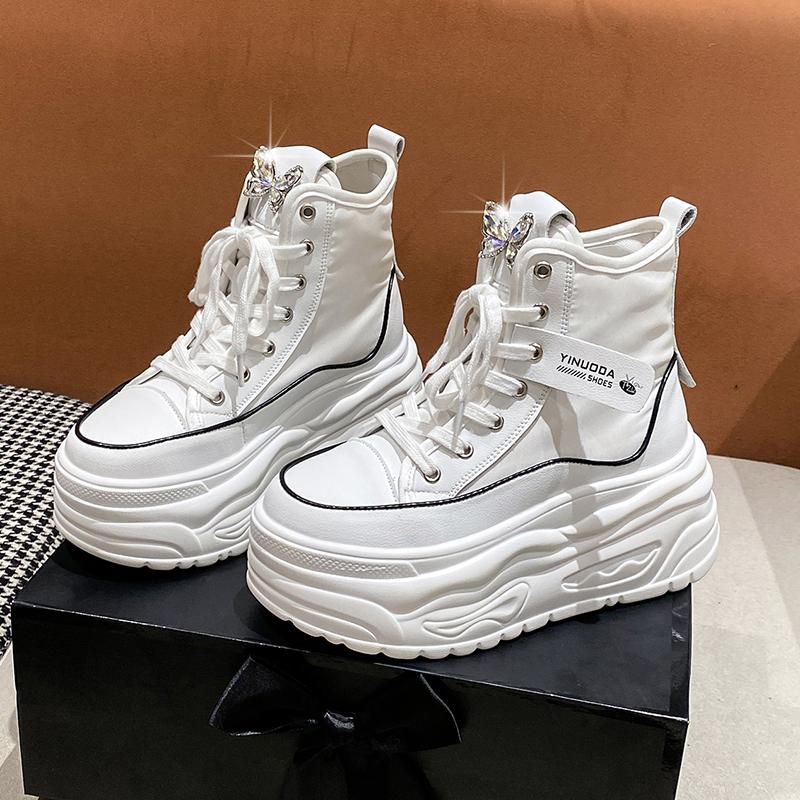 Fashion Women's High-top Sneakers Platform Wedges Autumn Fashion Shoes Woman Lace Up White Footwear Platform Thick Bottom Canvas2024
