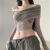 European and American wind season new women's clothing folds inside slim sexy babes cross gradual change off-the-shoulder T-shirt