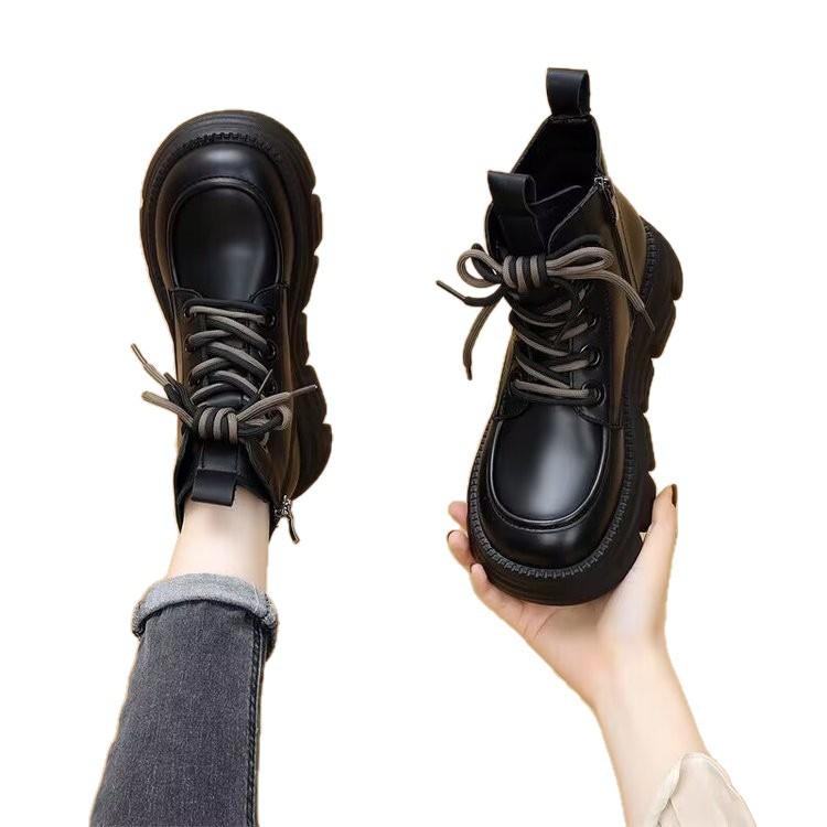 Soft Leather Thick-soled Martin Boots Women's Autumn British Wind Heightening Single Boots Black Short Boots Non-slip and Wear-resistant