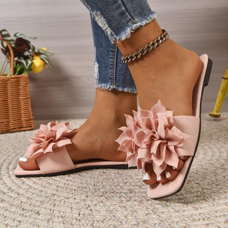 One Word Flat Slippers Women Solid Color Flower One Pedal Home Slippers Women Omns Lippers