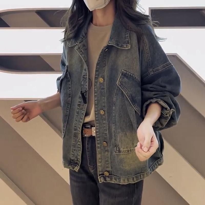 Women's Point Collar Long Sleeve Denim Jacket Loose Fit Elegant Commuter Outerwear Coat