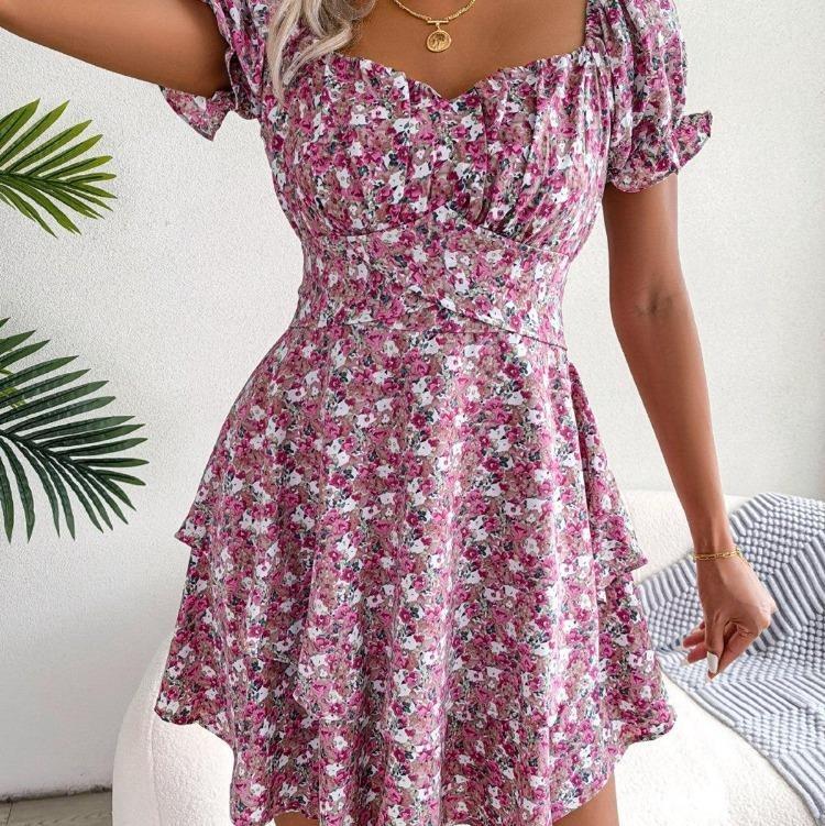 Elegant Floral Summer Dress for Women Square Collar Short Sleeve Lace Up Spring Outfit Sizes S To XL