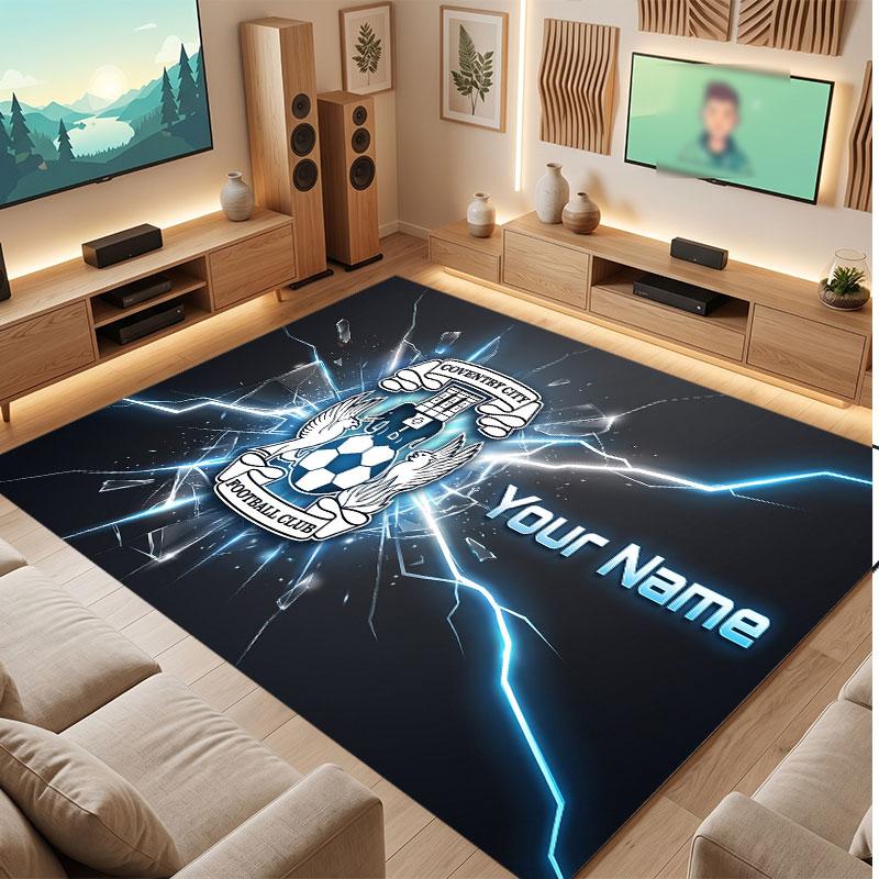 Coventry City Custom Crystal Velvet Rug, Personalized Name Text Print, Football Logo Soft Non‑Slip Floor Mat Home Decor Gift