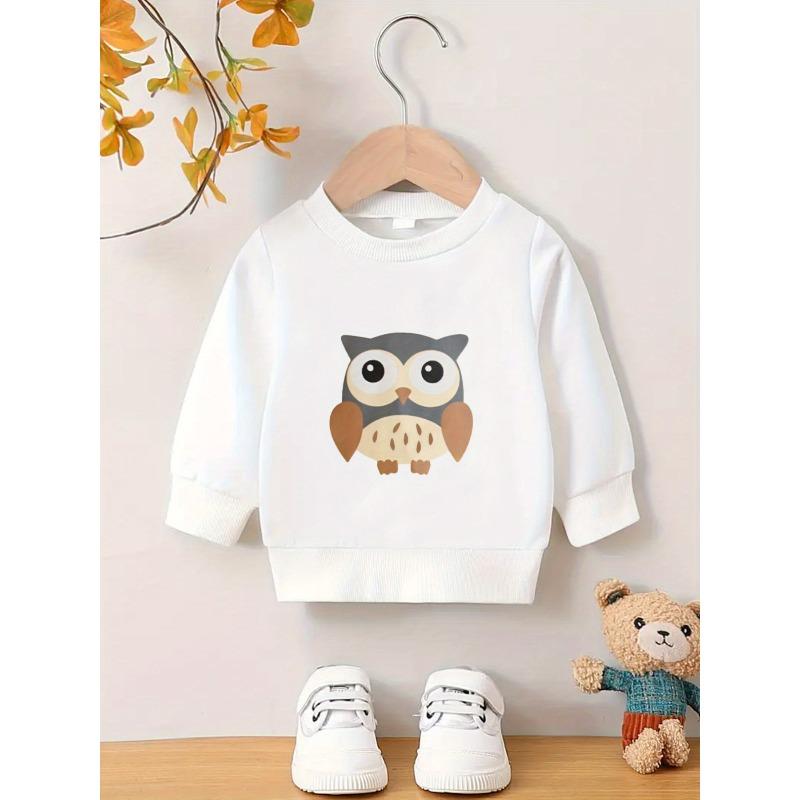 Kids Crewneck Sweatshirt, Cartoon Owl Graphic Print, Spring Autumn Casual Tops 110