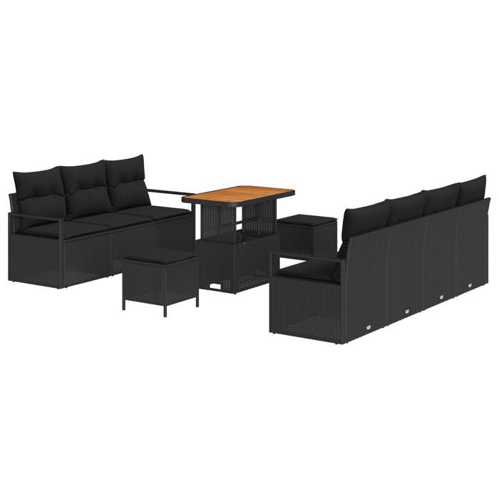 VidaXL Ensemble de 10 pièces de salon de jardin avec coussins Noir Poly Rattan Acacia 3362489