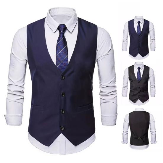 Men Suit Vest V-Neck Sleeveless Single-Breasted Suit Coat with Pockets Solid Color Slim Fit Formal Style
