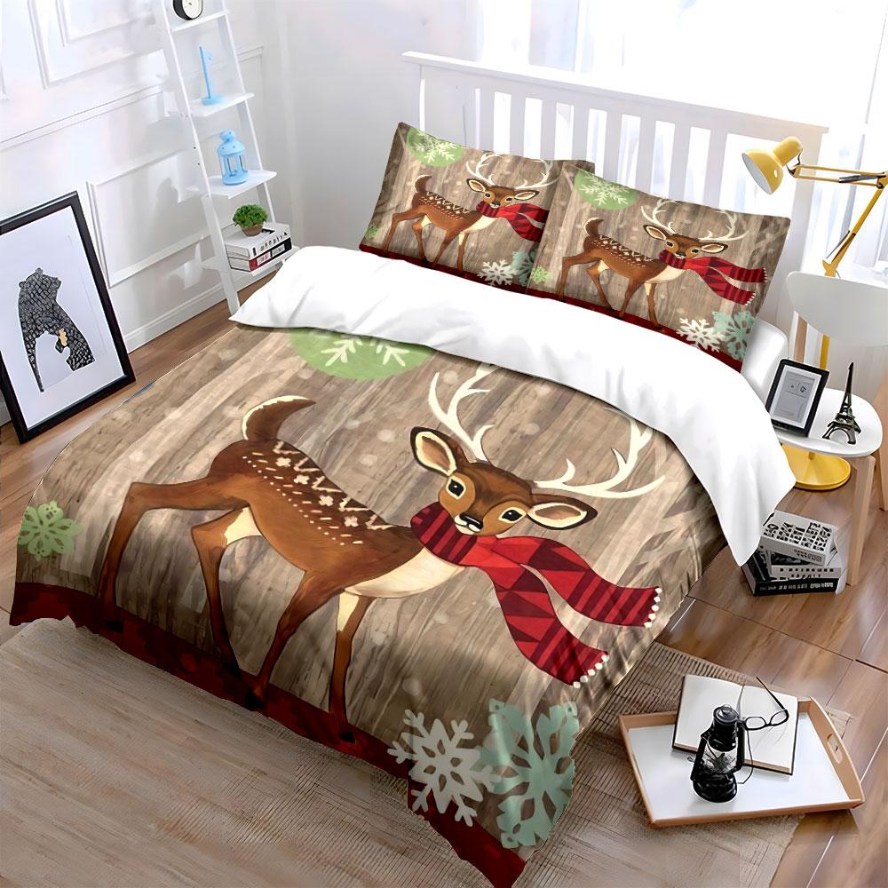 Deer with Red Scarf Winter Decor Bedding Duvet Cover Set Duvet Cover Pillowcases (1*Duvet Cover 2*Pillowcases, without duvet insert)