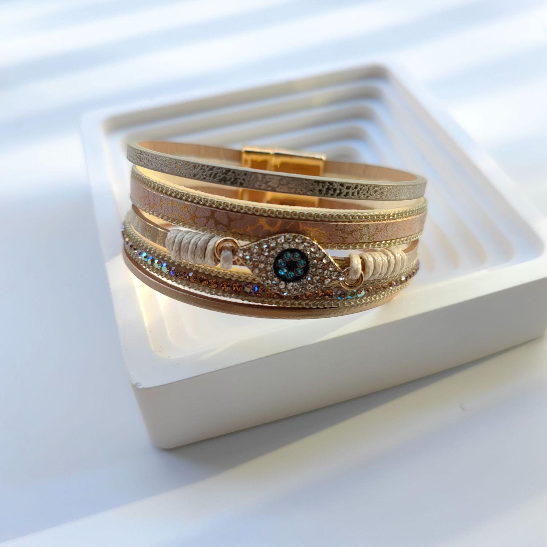 European  American Style Multi-Layer Leather Bracelet with Rhinestone-Inlaid Demon Eye Charm