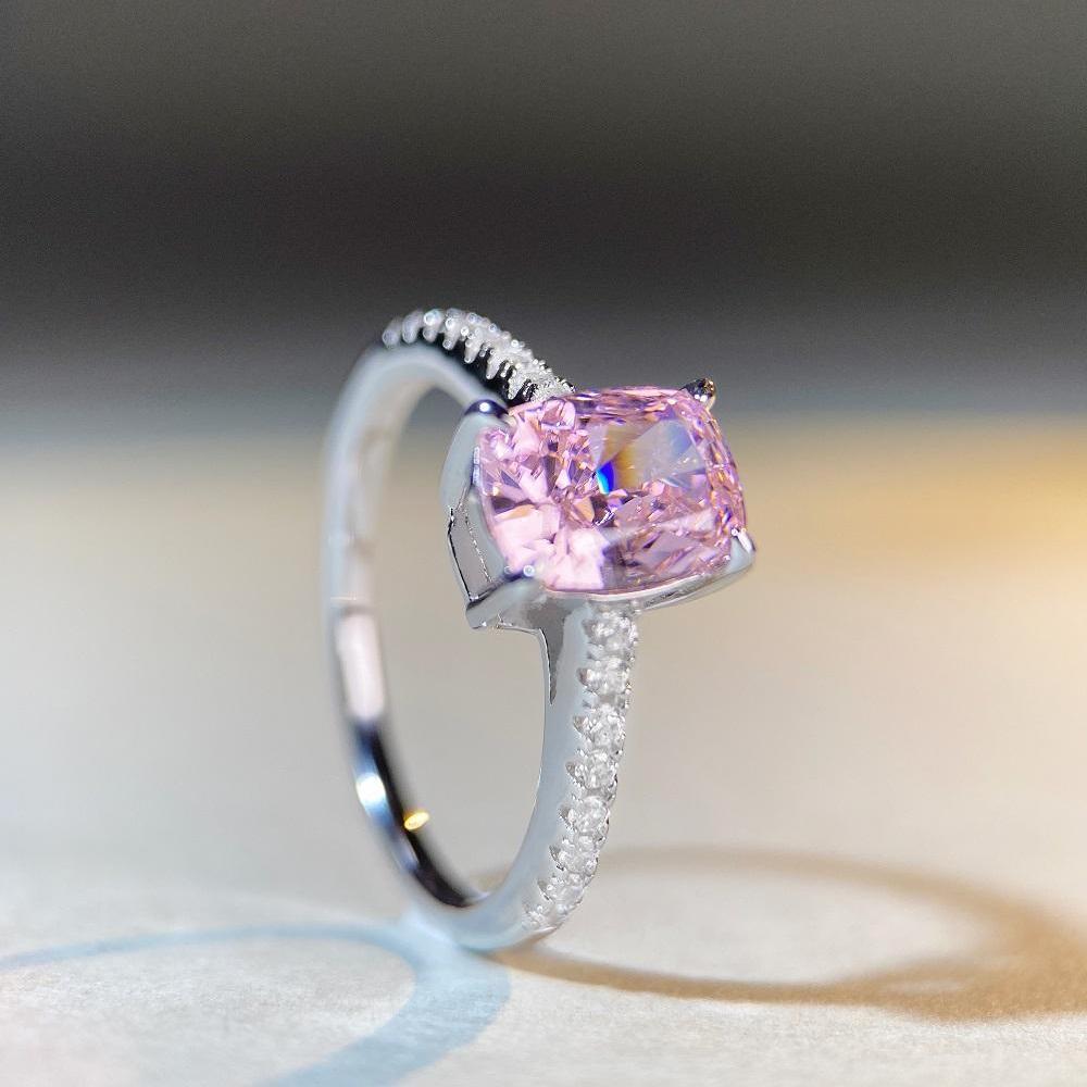 S925 Sterling Silver Pink Radiant Cut Flower Ring for Women - Cute, Sweet, INS Style.