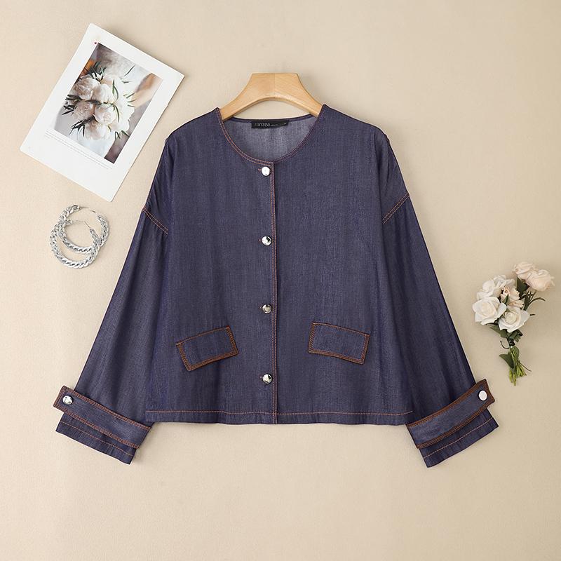 

ZANZEA Женская повседневная блузка с круглым вырезом и рукавами 3/4 свободного кроя в стиле ретро 4XL темно-синий