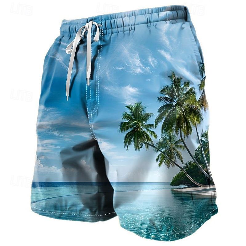 

Men s Coconut Tree Waves Swim Shorts Board Shorts Swimming Trunks Mid Waist Tropical Streetwear Hawaiian Vacation Daily Holiday S