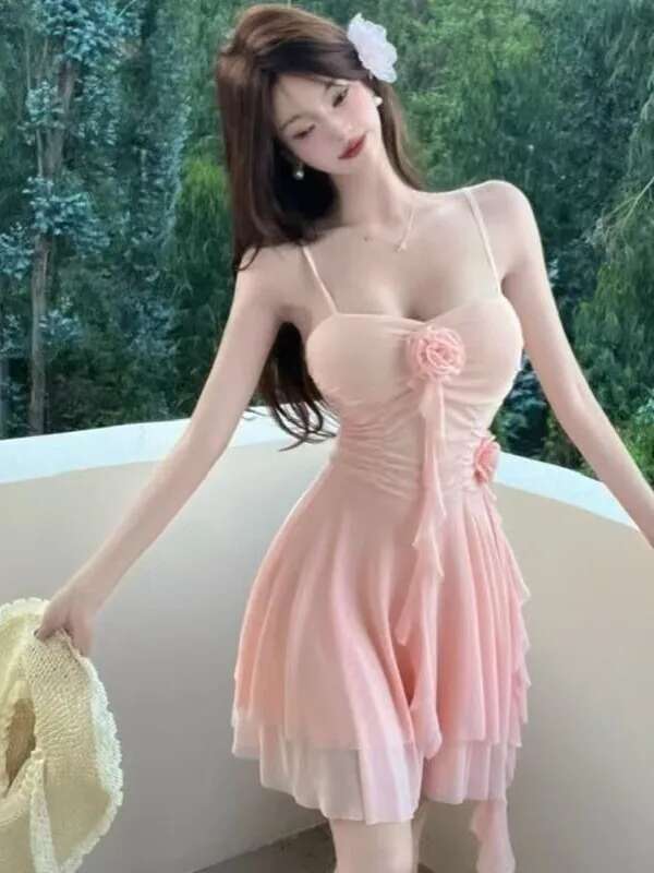 Sexy Flower Ribbon Ruffle Suspender Dress Female Sexy Waist Cinched Nightgown Chubby Girl Dress Elegant Sweet Sexy Women Top S1J