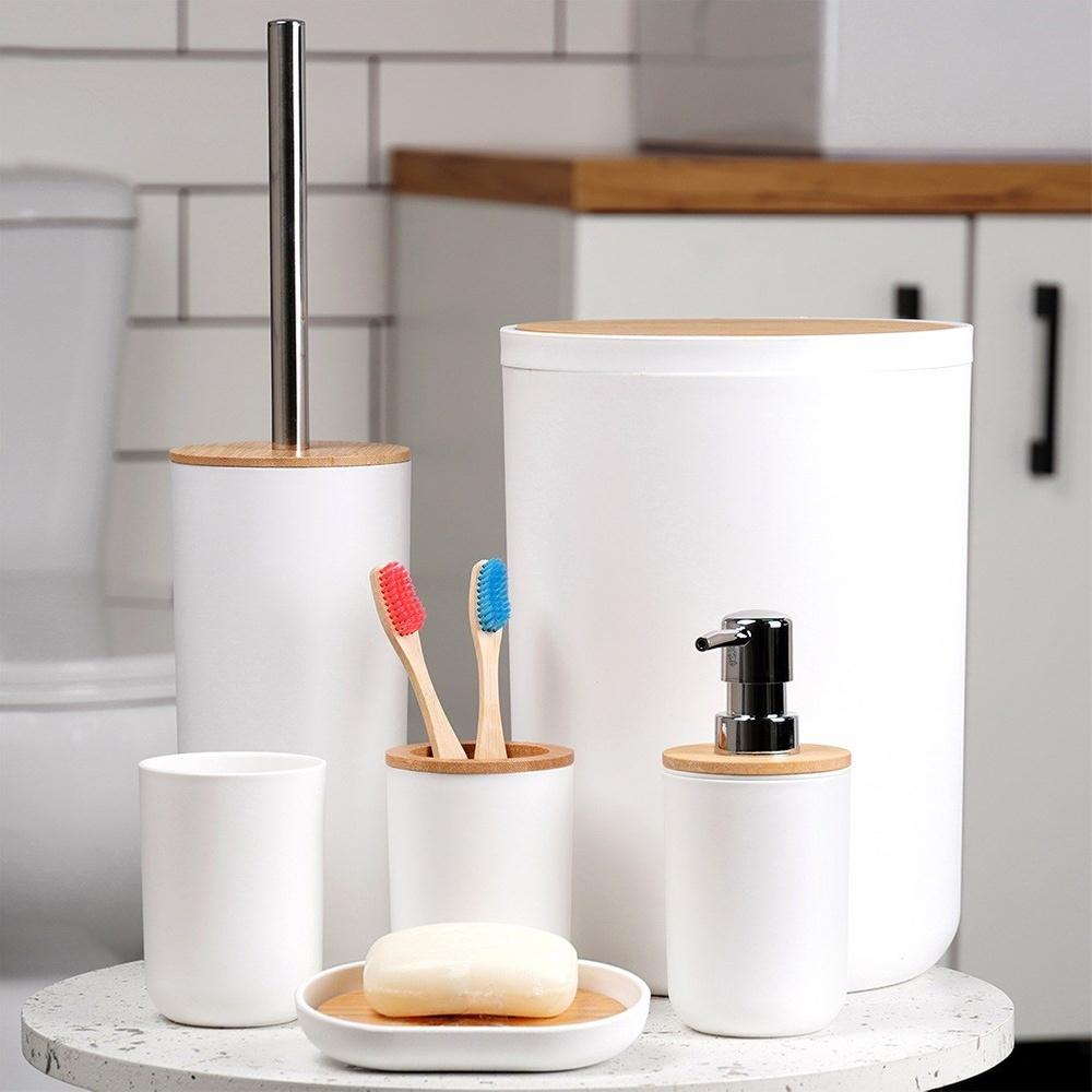 Bathroom Set: Mug, Toilet Brush, Waste Bin, Soap Dispenser, Stand