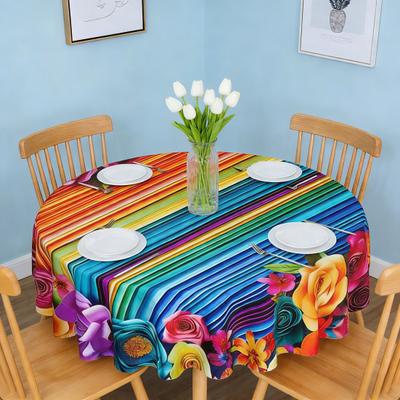 Mexican Floral Tablecloth Round Table Cover with Scalloped Edge Colorful Flower Folk Art Pattern Tablecloth for Home Farmhouse Dining Table