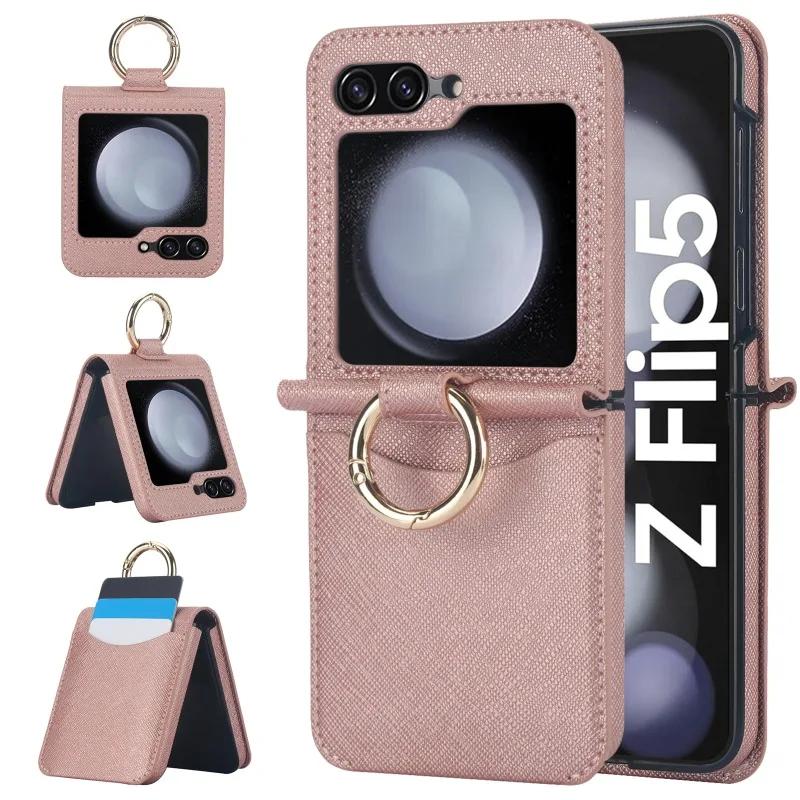 Cross Grain Leather Ring Phone Case for Samsung Galaxy Z Flip 6 5 4 3 Flip5 Flip4 Flip6 Wallet with Card Holder Shockproof Cover