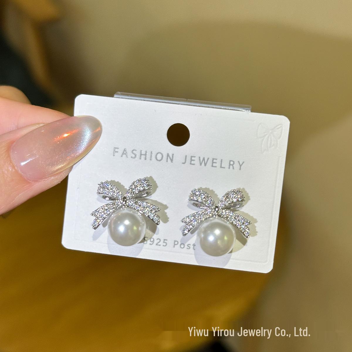 Korean Design S925 Silver Stud Earrings with Pearl Bow and Inlaid Diamonds