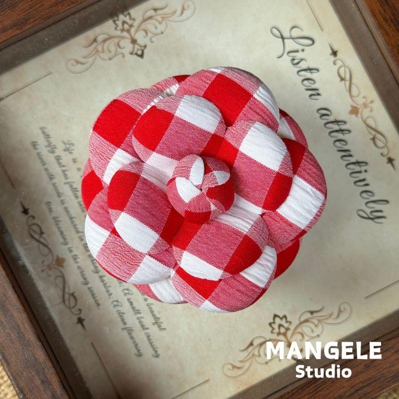 

New Arrival Gingham Camellia Classic Style Flower Brooch Cloth Corsage over Hair-Styling Handmade Ornament Hair Clip plus Pin for Women 23 Red large plaid brooch