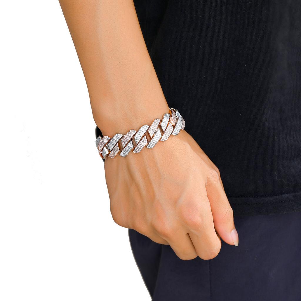 BES Hip Hop Jewelry 20mm Heavy Chunky Miami Cuban Link Chain Bracelet Iced Out CZ Two Tone Prong Cuban Link Bracelet for Men