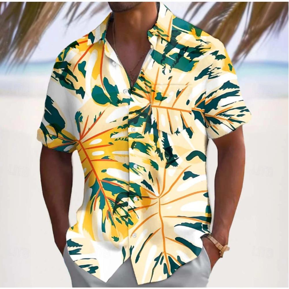 Camicia da uomo con stampa 3D di foglie Camicia con bottoni Camicia casual Camicia estiva Manica corta Abbigliamento quotidiano per le vacanze