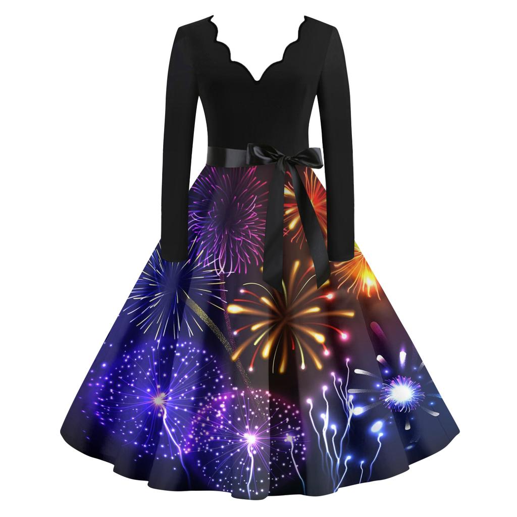 Γυναικείο Casual Μόδα Πρωτοχρονιάτικο Φόρεμα με V Λαιμόκοψη και Vintage Εκτύπωση