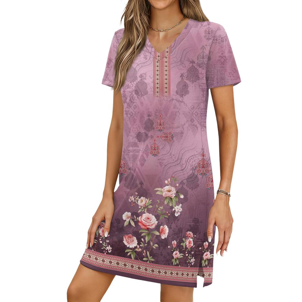 Women's Casual V-neck Short Sleeve Split Hem Vintage Printed Dress