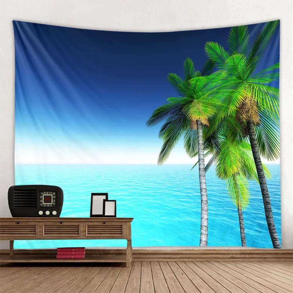 Sea view tapestry printed hanging painting coconut tree sunrise home decoration yoga mat bed sheet living room wall hanging