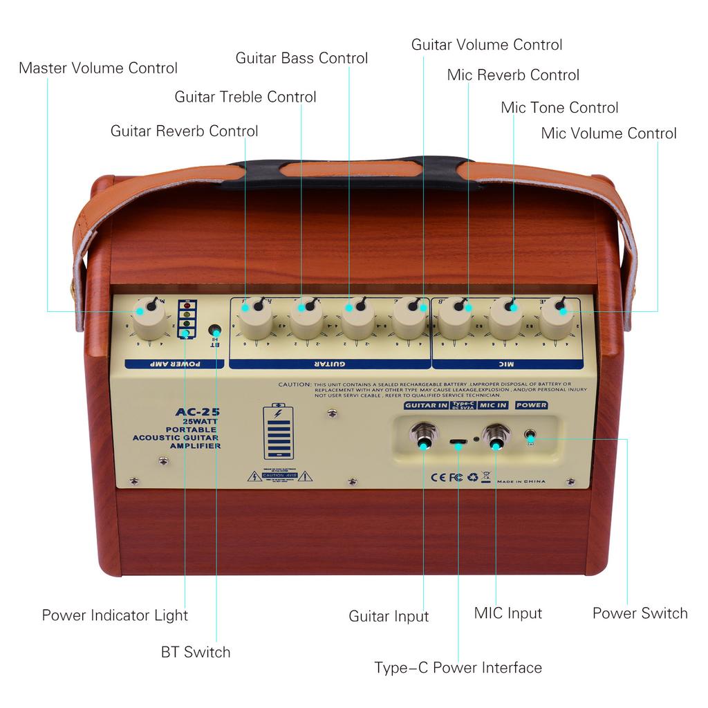 AC-25 25W Portable Acoustic Guitar Amplifier Rechargeable Amp Wireless BT Speaker Indepedent Reverb