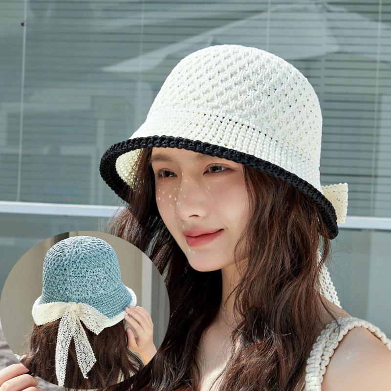 Summer Hollow Sun Hat Korean Version Fashion Bow Lace Bucket Hat New Fisherman Sunscreen Outdoor Beach Sun Hat Travel Panama Cap