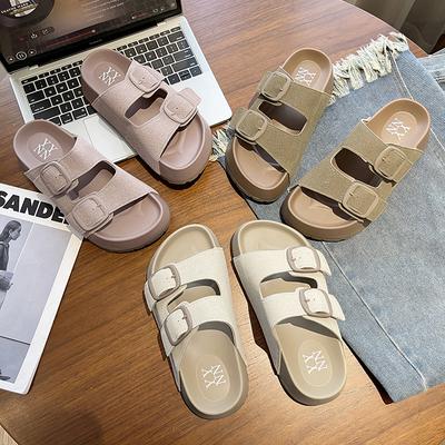 Mode 2025 Damen Sommer Casual Damen Schuhe Retro Trend mit Schnalle Pantoletten Bequeme Strandpantoletten Rundköpfige Pantoletten