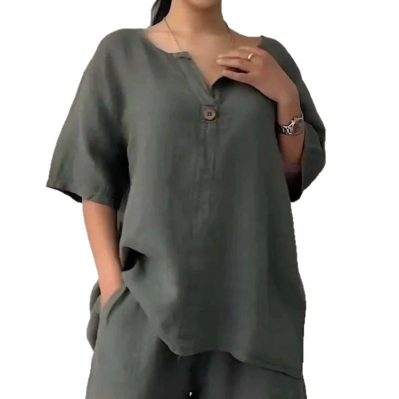 2025 Stylish Women's Solid Color Two-Piece Set: Loose Top & High Waist Shorts