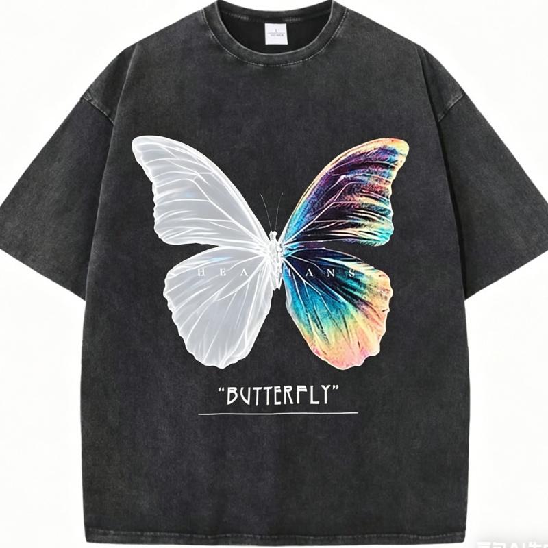 Vintage gewaschenes T-Shirt mit Schmetterlingsdruck BUTTERFLY Textgrafik Lässige Streetwear Unisex Baumwoll-T-Shirt