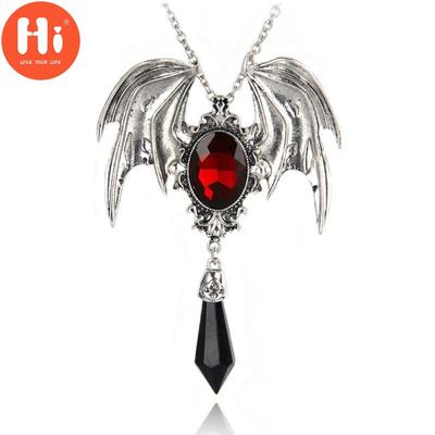 Hi New Gothic Halloween Necklace Red Vampire Vintage Bat Pendant for Men and Women