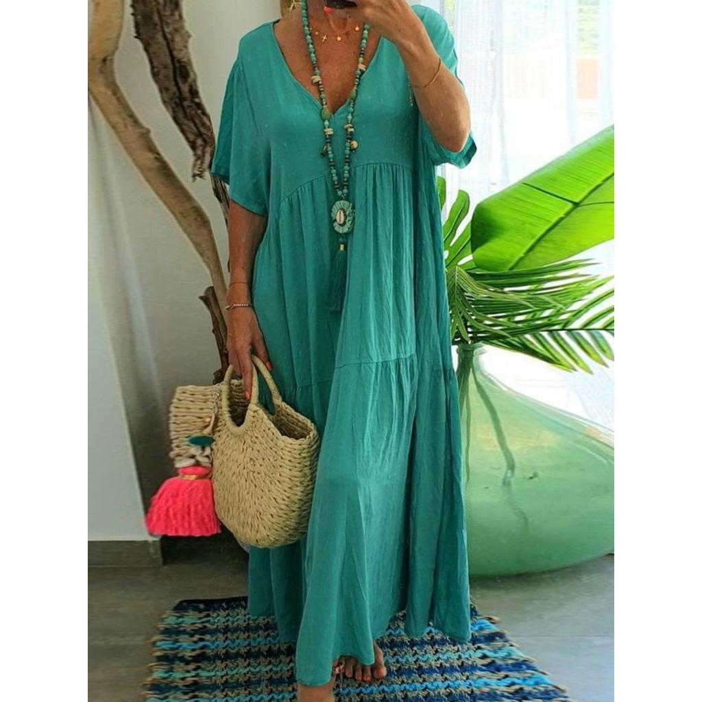 Women's V Neck Short Sleeve Tiered Maxi Dress Loose Fit Solid Vacation Beach Long Dress