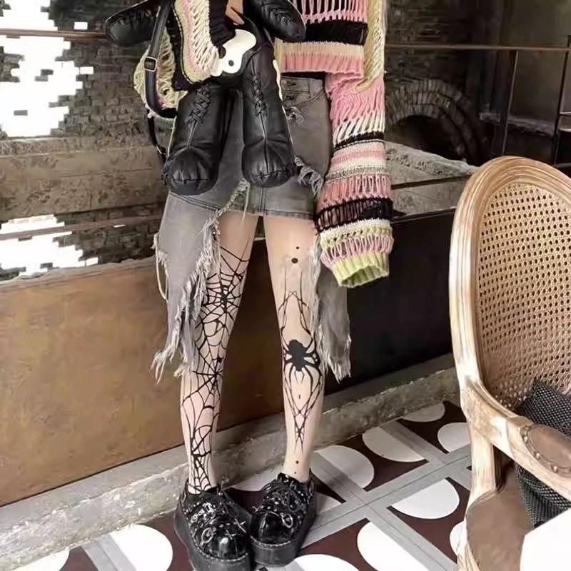 2024  Vintage Dark Gothic Fishnet Tights Stockings Women Alternative Sexy Spider Web Witch Pantyhose Y2K Girls Thin Socks