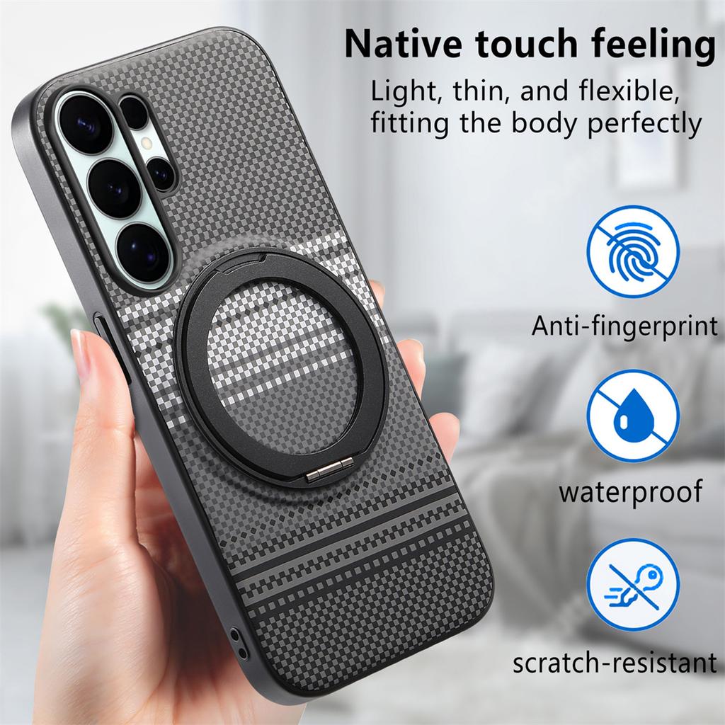 Carbon Fiber Texture 360 Rotating Magnetic Holder Case for Samsung S26 Ultra S25 S24 S23 Plus A57/37/17/07/56/36/26/16/55 Cover
