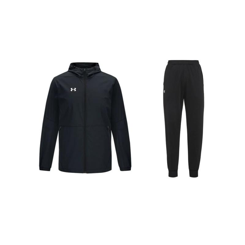 Under Armour Minimalist Brand Logo Comfortable Hooded Jacket And Tapered Pants Casual Sports Set Unisex Sportswear Black 23600704-001+21600411-001