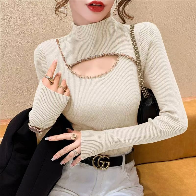 

Semi-turtleneck hollow bead knitted bottoming shirt women s sweater long-sleeved autumn and winter new versatile fashion outerwear top average size